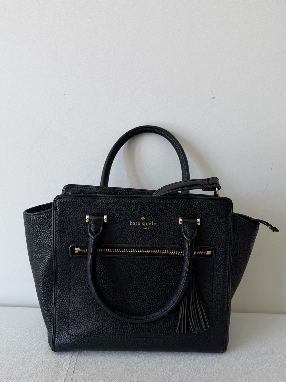 kate spade Black Pebbled Leather Satchel with Tassel